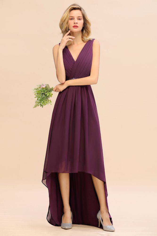 Modern V-Neck Hi-Lo Party Dress Elegant Beads Chiffon Bridesmaid Dress