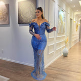 Modern V-Neck Long Sleeves Sheath Mermaid Lace Prom Dresses