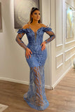 Modern V-Neck Long Sleeves Sheath Mermaid Lace Prom Dresses