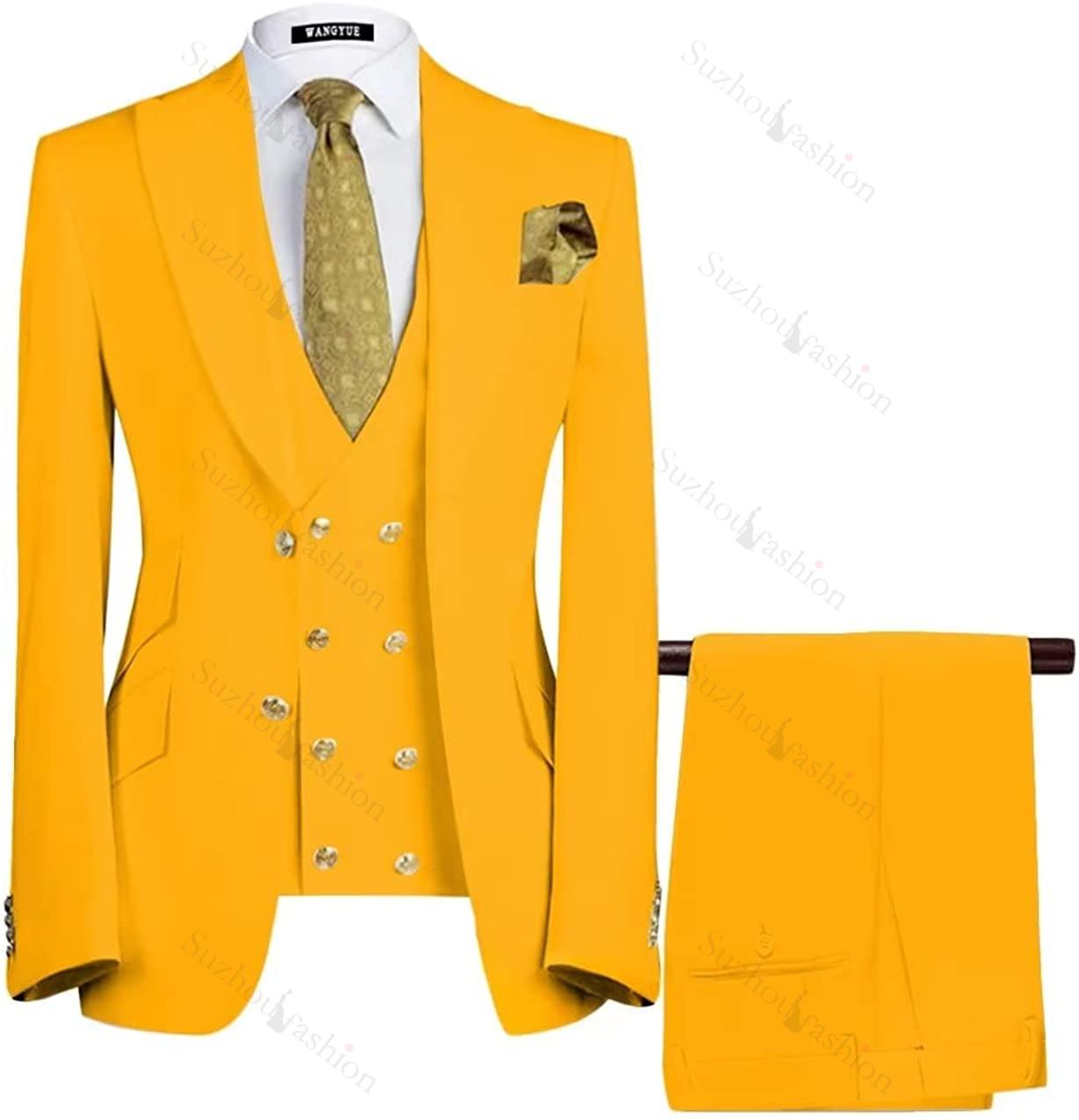 Modern Yellow 3 Piece Peaked Lapel Men's Prom Suit
