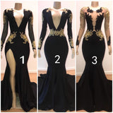 Modest Deep V-Neck Long Sleeves Sweep Train Prom Dresses | Gold Appliques Front Split Long Evening Gown