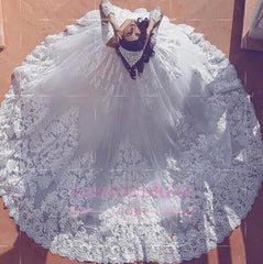 Modest Lace Long-Sleeve Court-Train Ball-Gown V-neck Wedding Dress