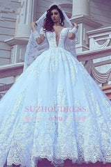 Modest Lace Long-Sleeve Court-Train Ball-Gown V-neck Wedding Dress