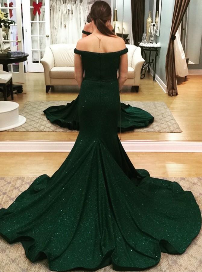 Modest Mermaid Off-the-Shoulder Sweep Train Prom dresses | Green Sequins V-Neck Prom Gown