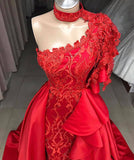 Modest One-Shoulder Halter Overskirt Beading Prom Dresses | Mermaid Long Red Appliques Evening Gown