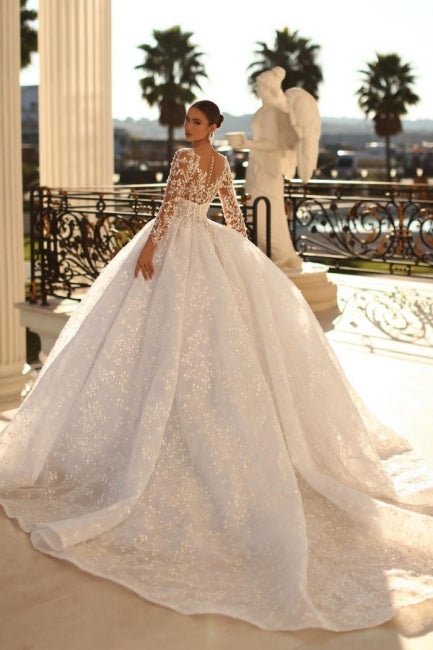 Modest Sweetheart 3/4 Length Sleeves Ball Gown Lace Bridal Dress Rhinestones