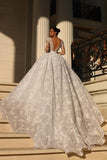 Modest Sweetheart 3/4 Length Sleeves Ball Gown Lace Bridal Dress Rhinestones