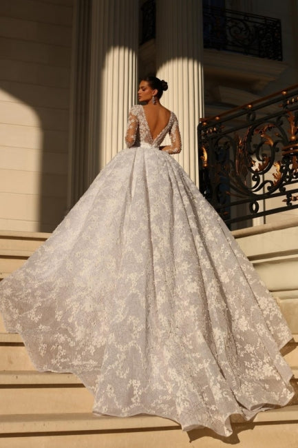 Modest Sweetheart 3/4 Length Sleeves Ball Gown Lace Bridal Dress Rhinestones