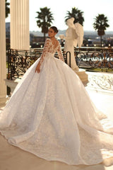 Modest Sweetheart 3/4 Length Sleeves Ball Gown Lace Bridal Dress Rhinestones