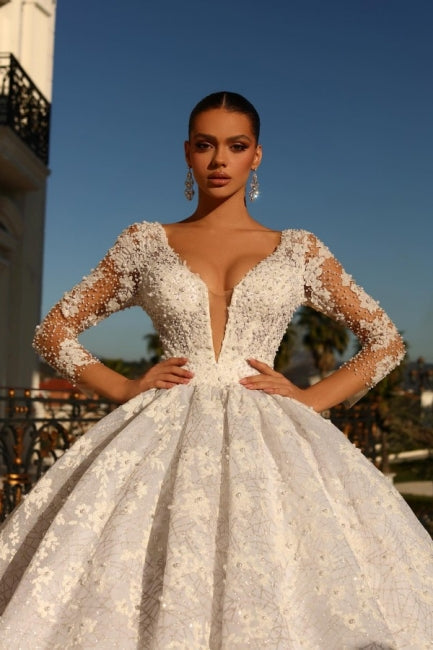 Modest Sweetheart 3/4 Length Sleeves Ball Gown Lace Bridal Dress Rhinestones