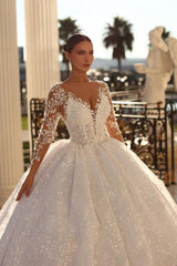 Modest Sweetheart 3/4 Length Sleeves Ball Gown Lace Bridal Dress Rhinestones