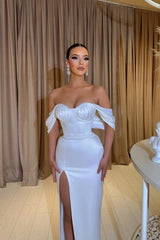 Modest Sweetheart Cap Sleeves Column prom Dresses Slit Front