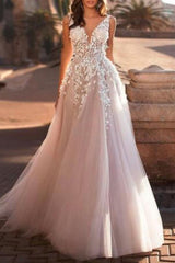 Mordern A-Line Wedding Dresses V-Neck Lace Tulle Straps See-Through Bridal Gowns with Sweep Train