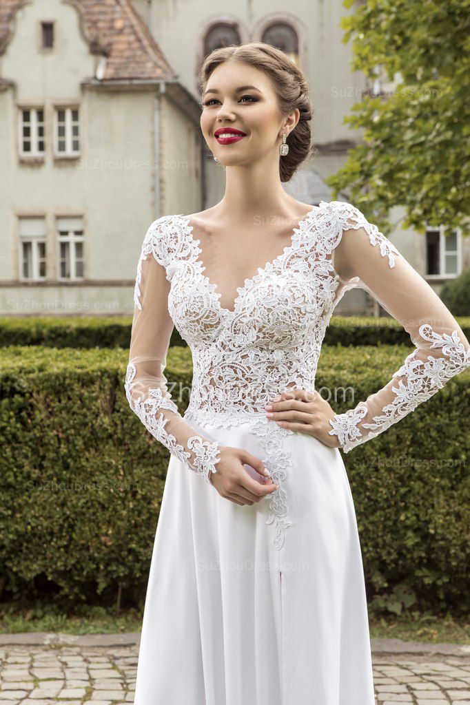 Most Popular Lace Chiffon Bridal Dress Appliques Side Slit Long Sleeve Sweep Train Wedding Dress