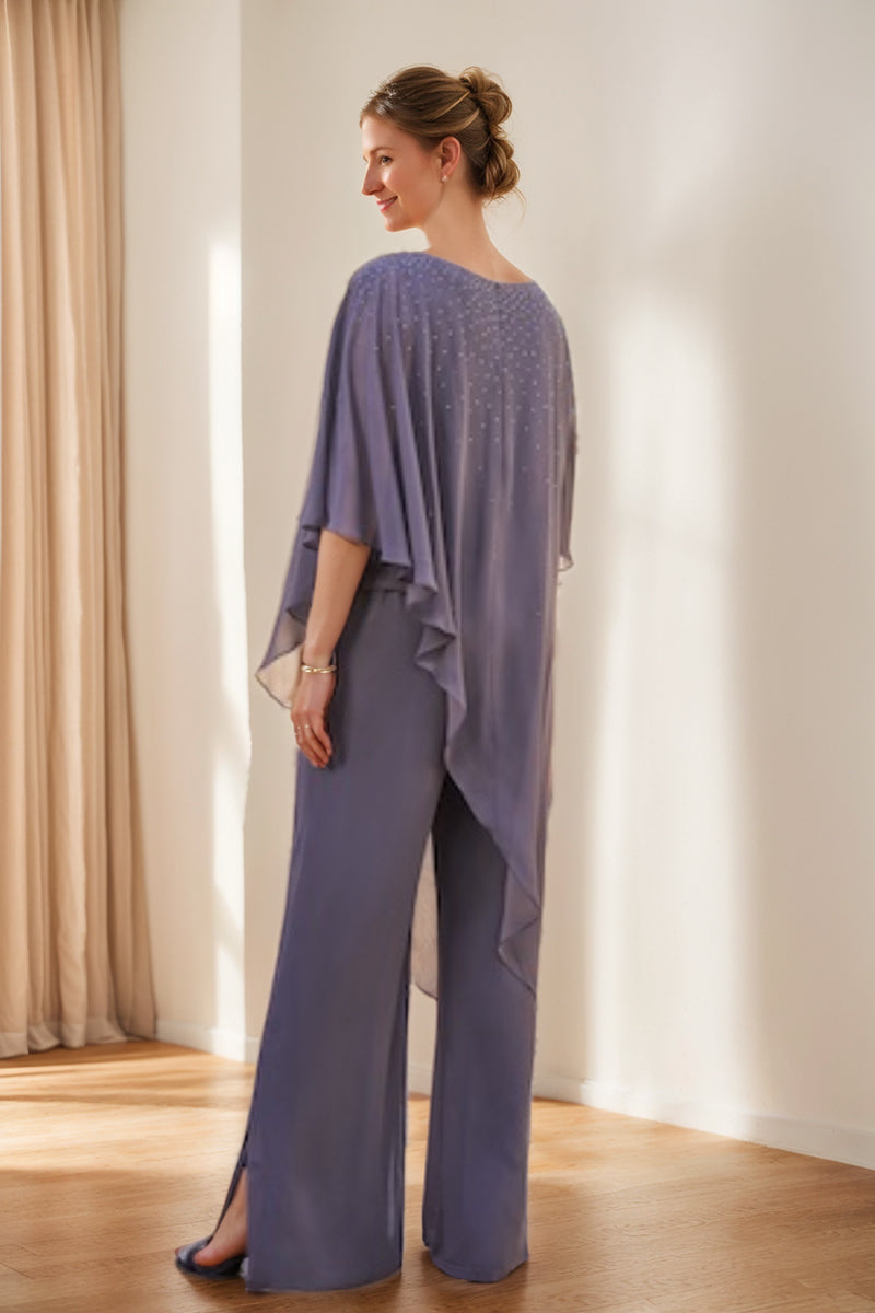 Mother of the Bride 2 Piece Chiffon Pantsuit with 3/4 Sleeves and Rhinestones