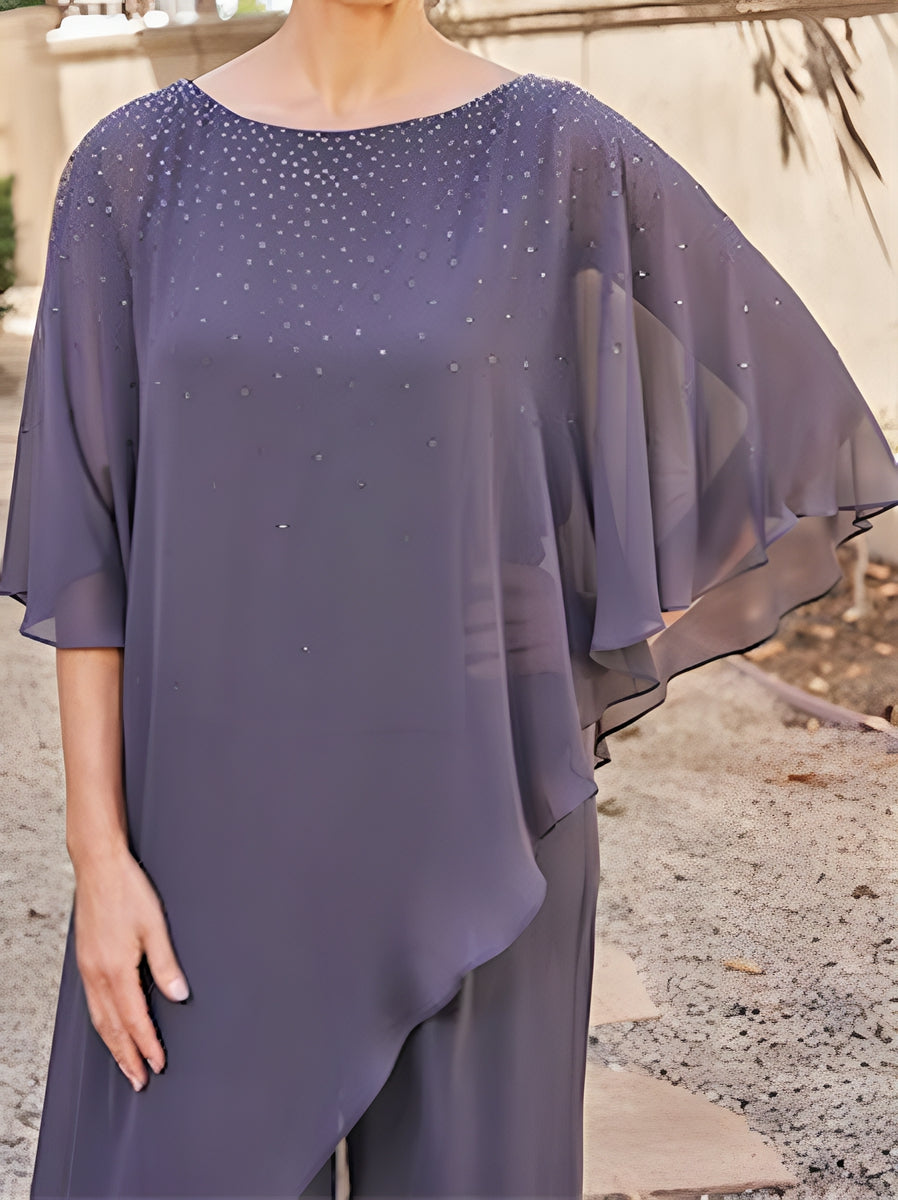 Mother of the Bride 2 Piece Chiffon Pantsuit with 3/4 Sleeves and Rhinestones