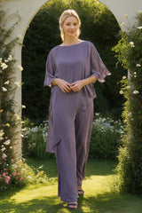 Mother of the Bride 2 Piece Chiffon Pantsuit with 3/4 Sleeves and Rhinestones