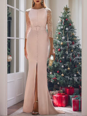 Mother of the Bride 3/4 Sleeve Trumpet Mermaid Dress with Sash and Sweep Brush Train