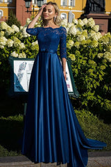 Mother of the Bride Satin A Line Dress Featuring Lace and Belt