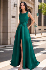 Mother of the Bride Scoop Neck A Line Dress with High Split and Bow