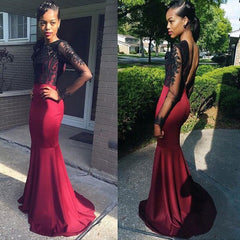 Mwemaid Long Sleeve Burgundy Evening Gown Sexy Black Lace Backless Prom Dresses