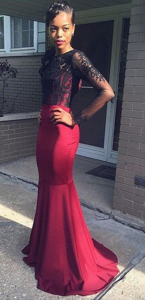 Mwemaid Long Sleeve Burgundy Evening Gown Sexy Black Lace Backless Prom Dresses