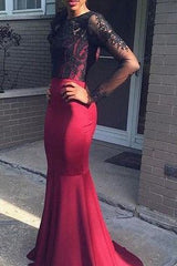 Mwemaid Long Sleeve Burgundy Evening Gown Sexy Black Lace Backless Prom Dresses