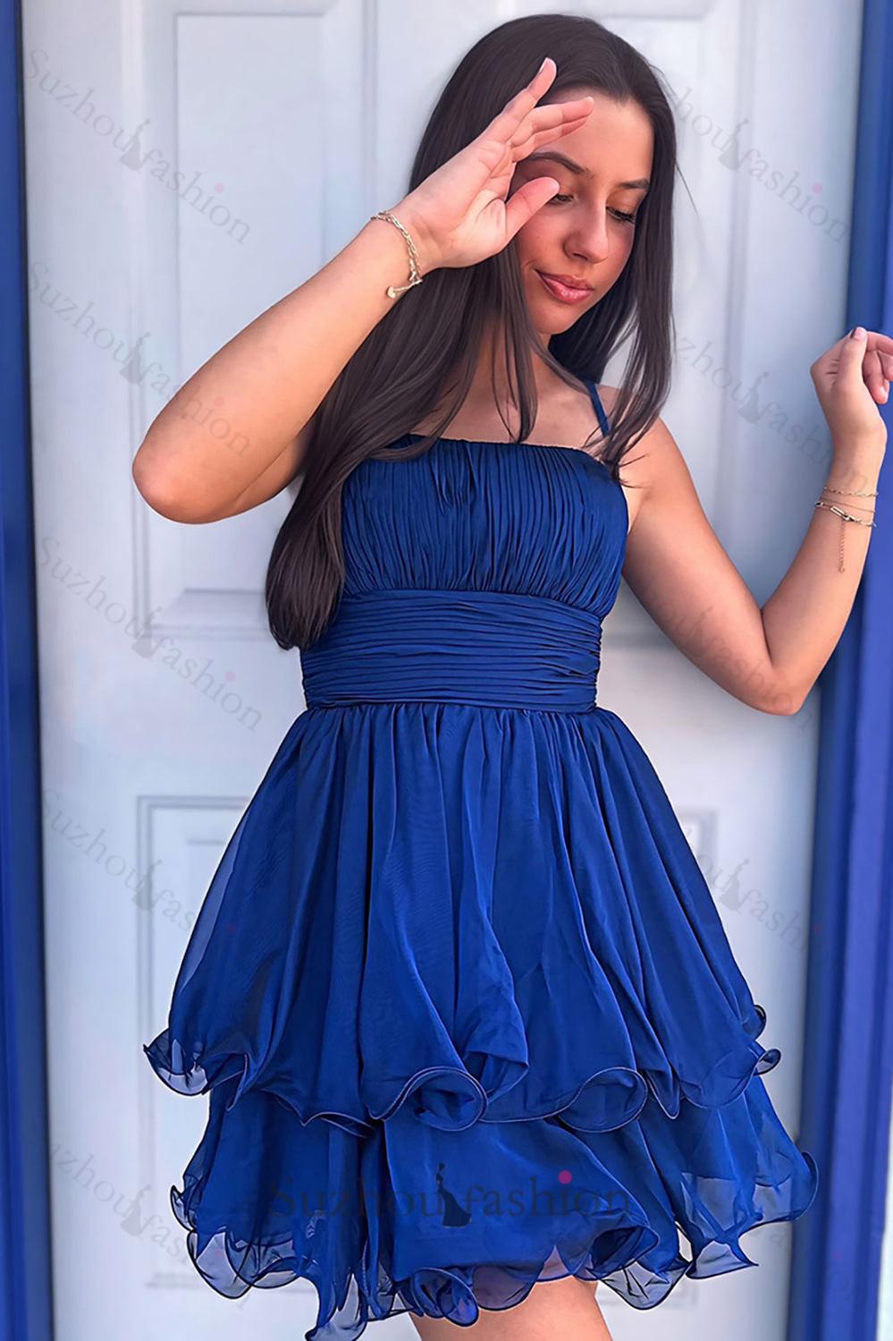 Navy A Line Homecoming Dresses Spaghetti Straps Short Cocktail Dresses With Ruffles