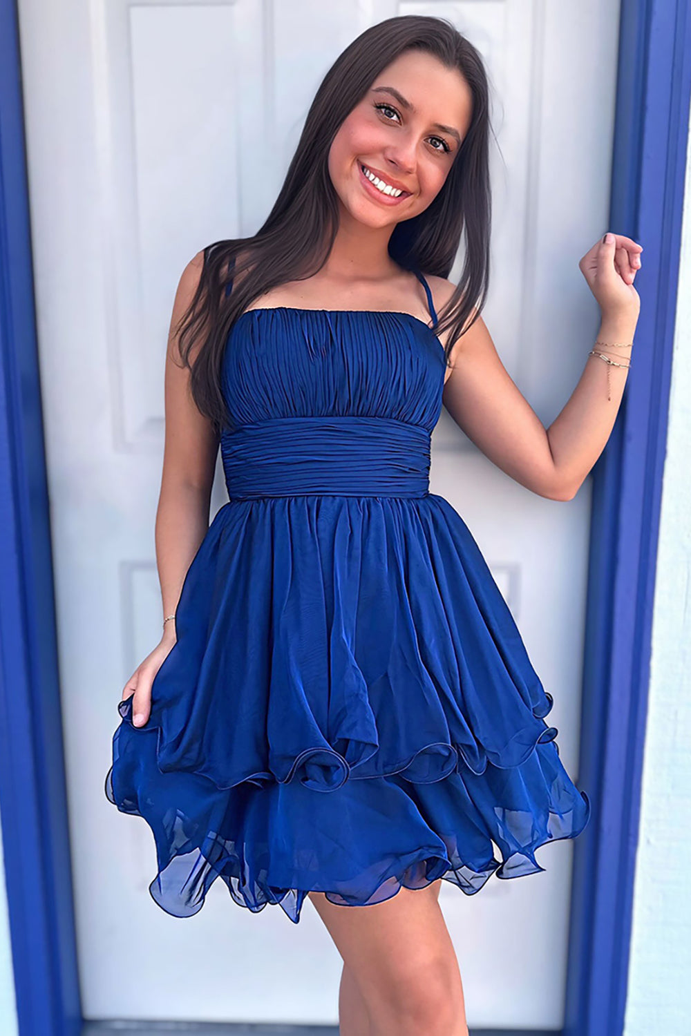 Suzhoufashion Navy A Line Homecoming Dresses Spaghetti Straps Short Cocktail Dresses With Ruffles Suzhoufashion Navy A Line Homecoming Dresses Spaghetti Straps Short Cocktail Dresses With Ruffles