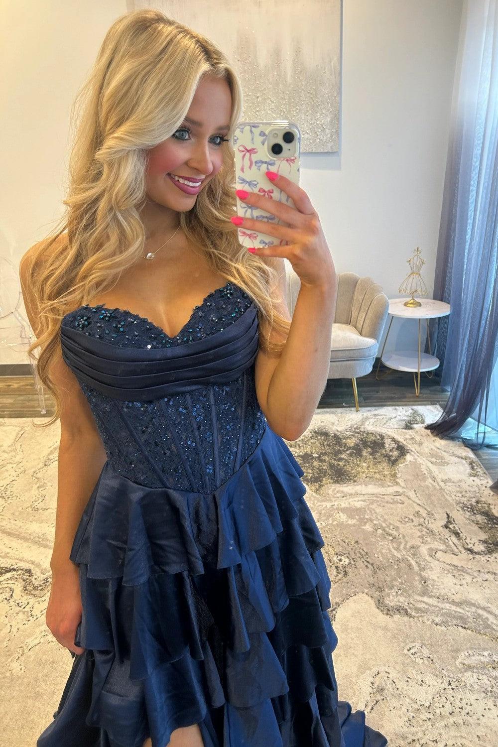 Navy Blue A-Line Sweetheart Corset Prom Dress With Tiered Skirt Formal Evening Gown