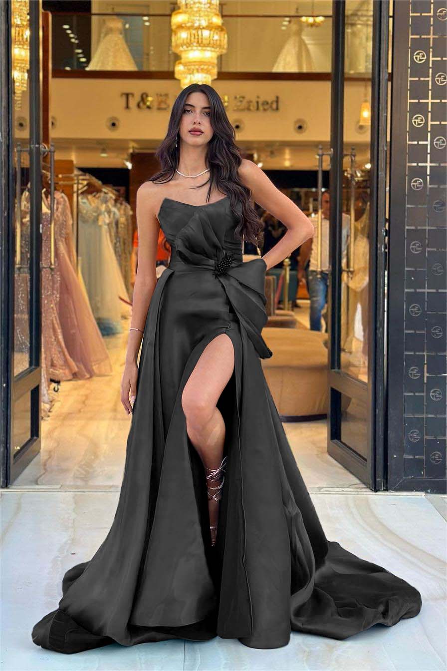 Navy Blue Prom Dress Strapless Sleeveless Long Split Evening Formal Dress With Bowknot