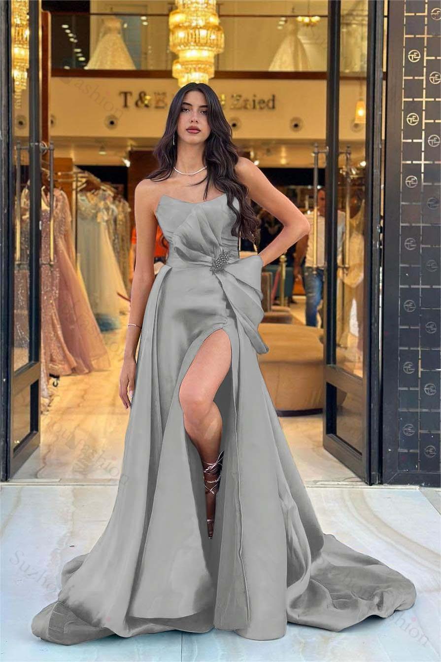 Navy Blue Prom Dress Strapless Sleeveless Long Split Evening Formal Dress With Bowknot