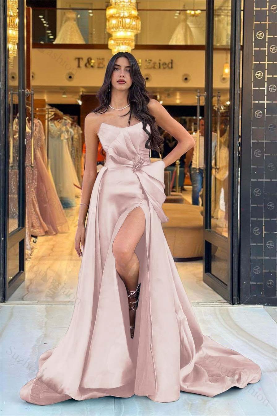 Navy Blue Prom Dress Strapless Sleeveless Long Split Evening Formal Dress With Bowknot