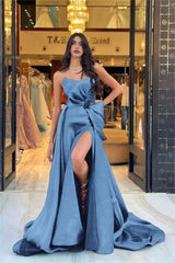 Navy Blue Prom Dress Strapless Sleeveless Long Split Evening Formal Dress With Bowknot