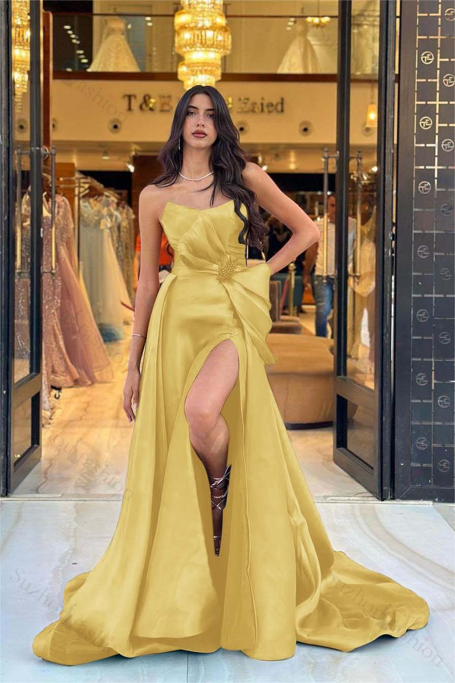 Navy Blue Prom Dress Strapless Sleeveless Long Split Evening Formal Dress With Bowknot