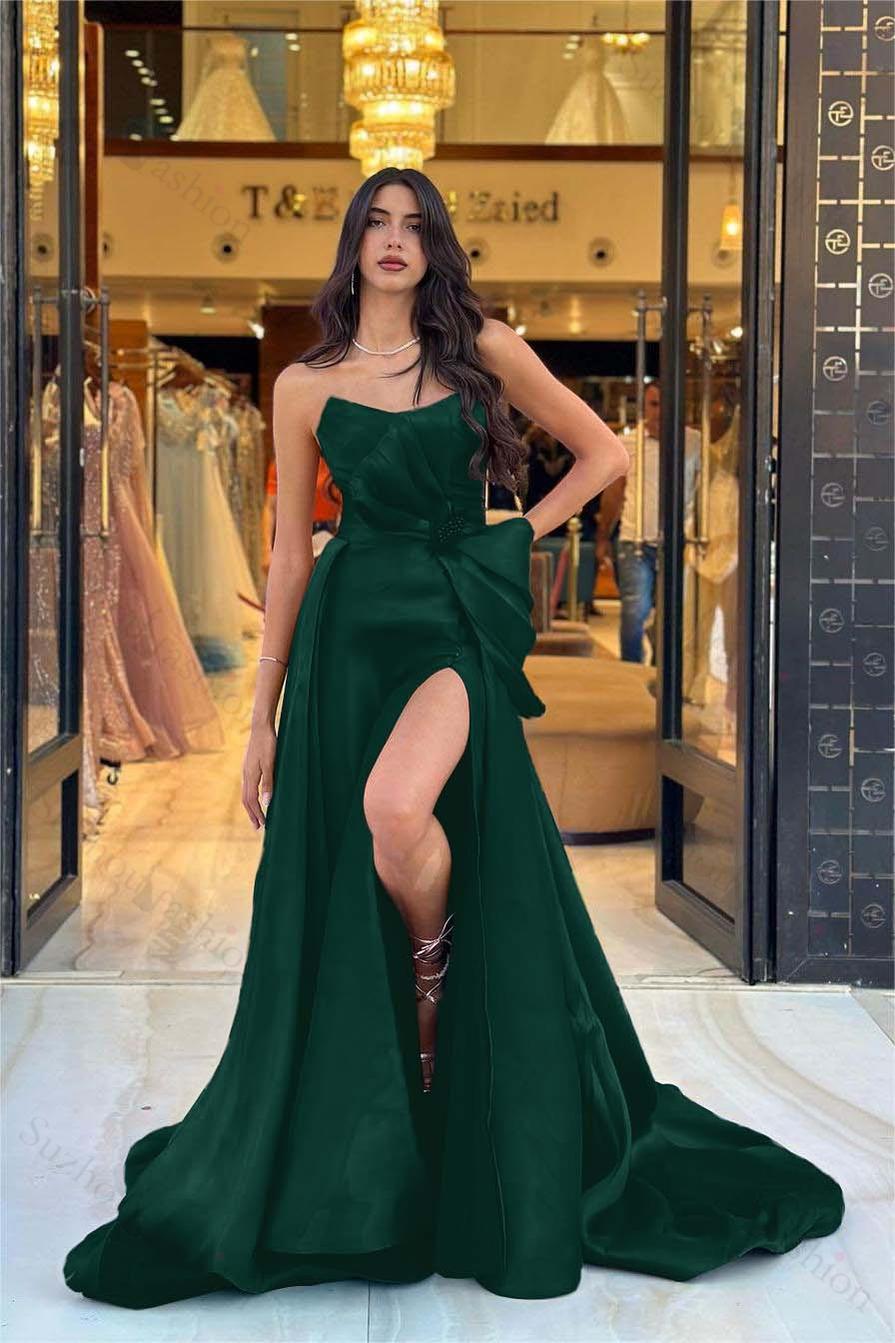 Navy Blue Prom Dress Strapless Sleeveless Long Split Evening Formal Dress With Bowknot