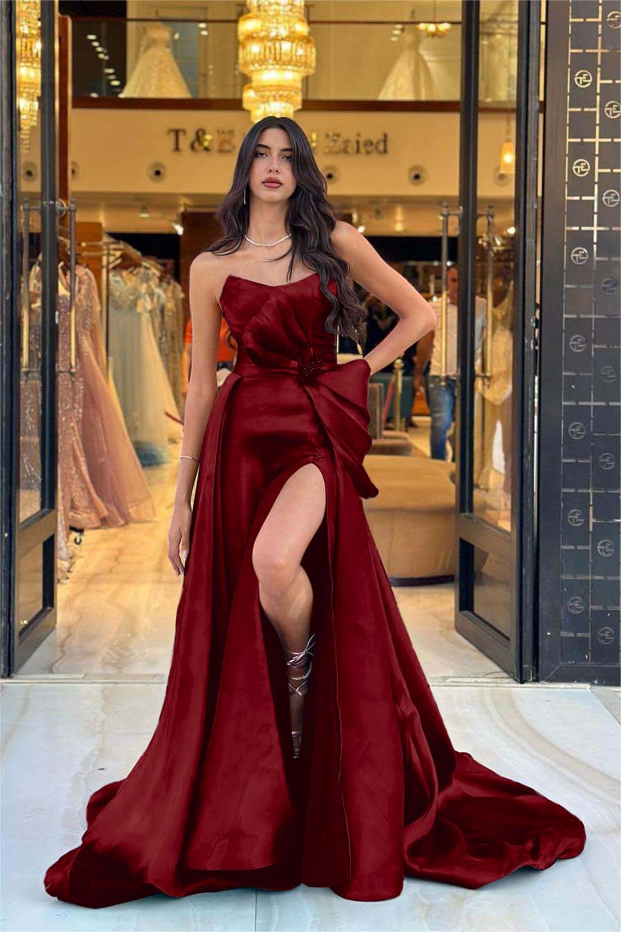 Navy Blue Prom Dress Strapless Sleeveless Long Split Evening Formal Dress With Bowknot