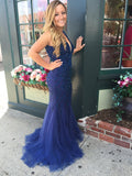 Navy Blue Tulle Prom Dresses Sheath Open Back Evening Gowns