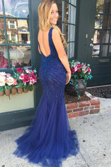 Navy Blue Tulle Prom Dresses Sheath Open Back Evening Gowns