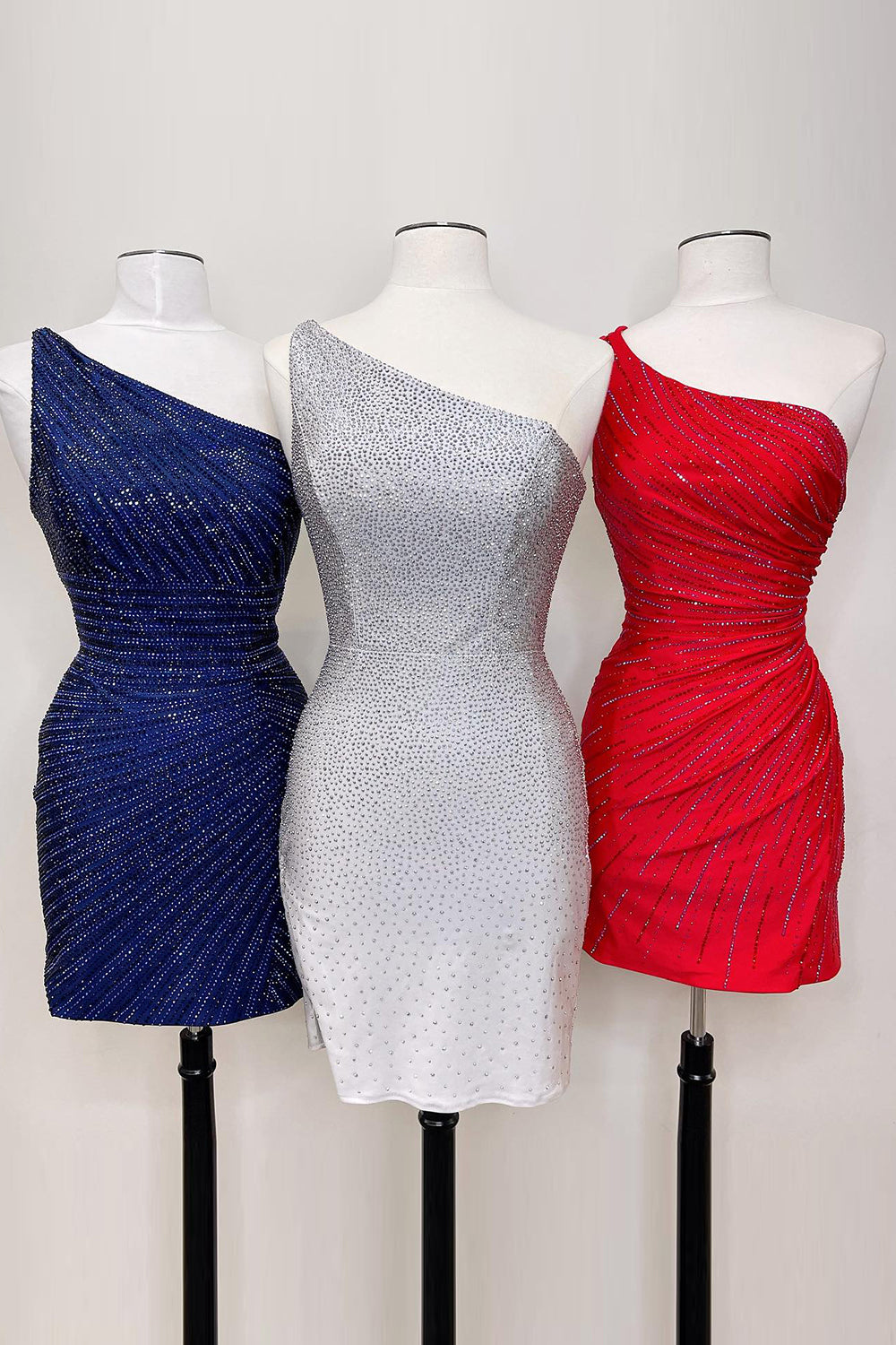 Navy Homecoming Dresses Beaded One Shoulder Tight Short Cocktail Dresses