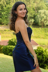 Navy Homecoming Dresses Corset Strapless Tight Short Cocktail Dresses with Appliques