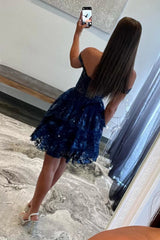 Navy Homecoming Dresses Corset Tiered Lace A-Line Short Cocktail Dresses
