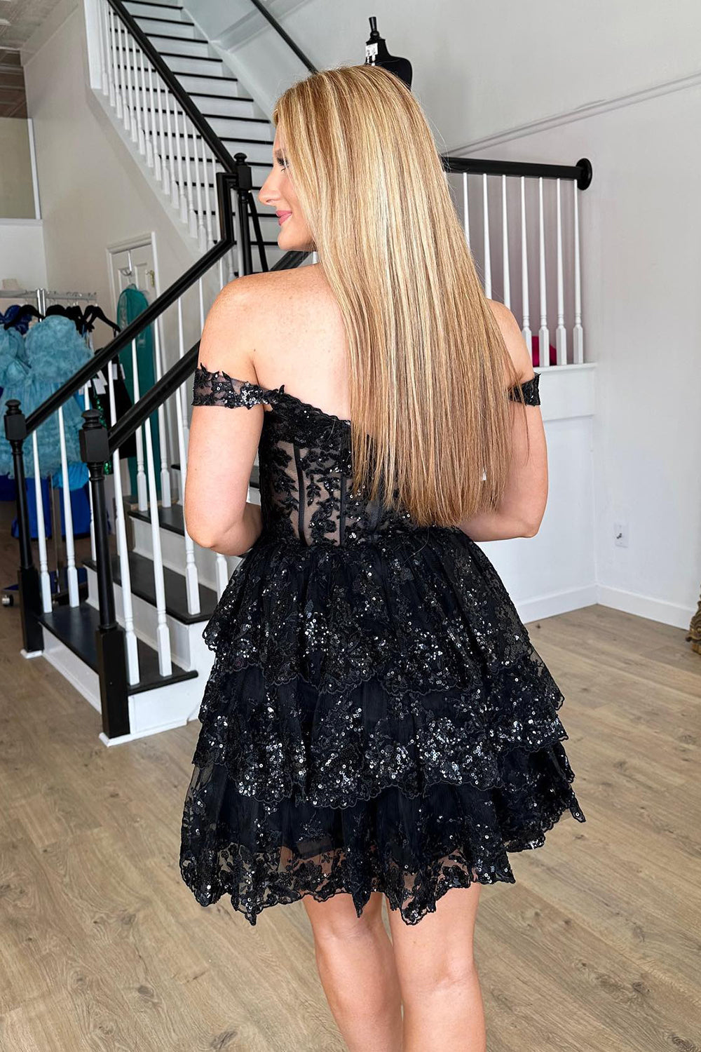 Navy Homecoming Dresses Corset Tiered Lace A-Line Short Cocktail Dresses