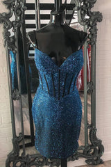 Navy Homecoming Dresses Spaghetti Straps Corset Tight Short Cocktail Dresses with Beadings