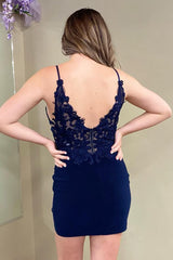 Navy Homecoming Dresses Spaghetti Straps Tight Short Cocktail Dresses with Lace