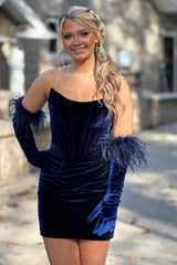 Navy Homecoming Dresses Strapless Velvet Ruched Tight Short Corset Prom Dress without Gloves