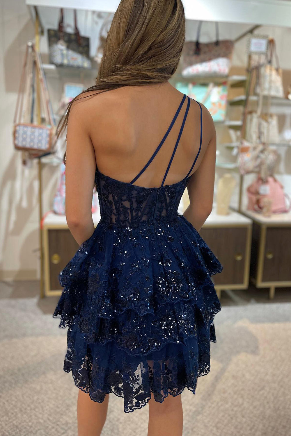 Navy Homecoming Dresses Tiered Lace One Shoulder A-Line Short Cocktail Dresses