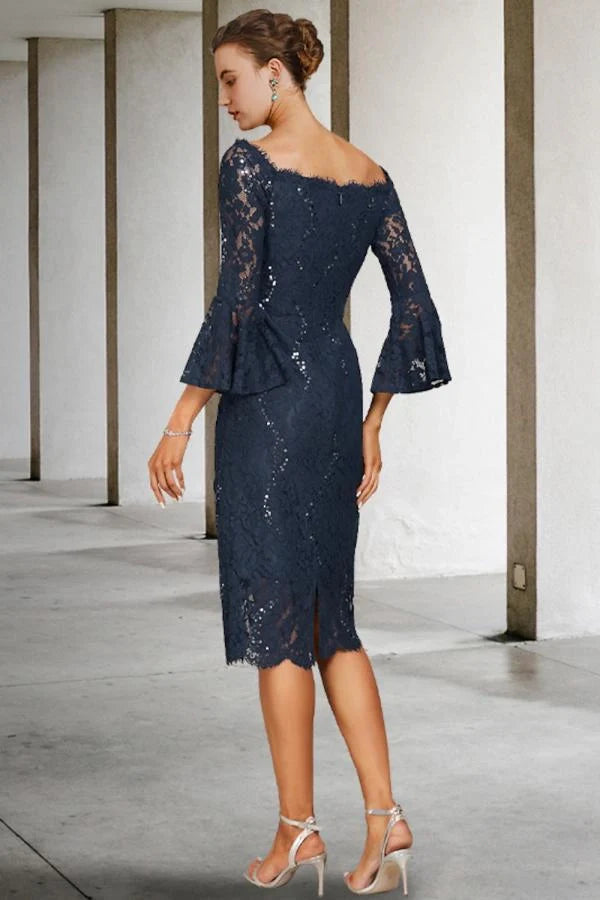 Navy Long Sleeves Mother of the Bride Dress Lace Wedding Guest Dress