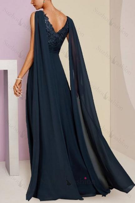 Navy Mother of the Bride Dress A Line V Neck Sequined Sleeveless Chiffon Formal Dress