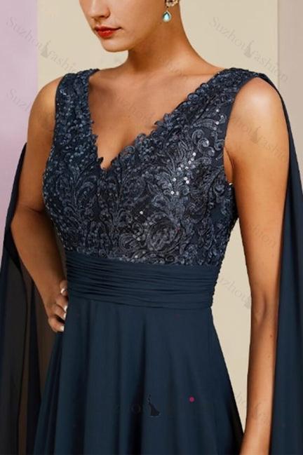 Navy Mother of the Bride Dress A Line V Neck Sequined Sleeveless Chiffon Formal Dress